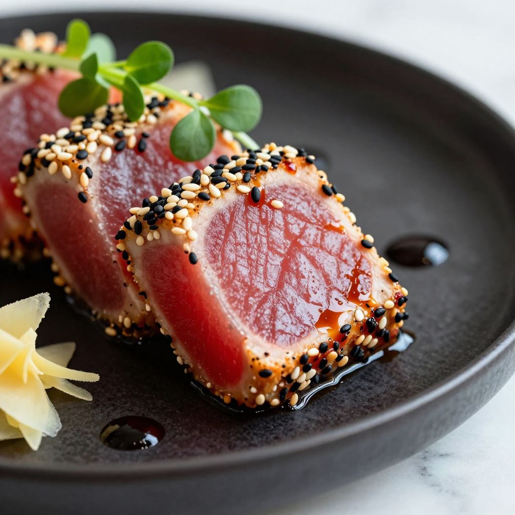 Seared ahi tuna slices on plate
