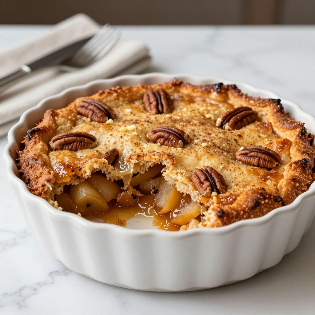 Serving of apple dump cake with ice cream