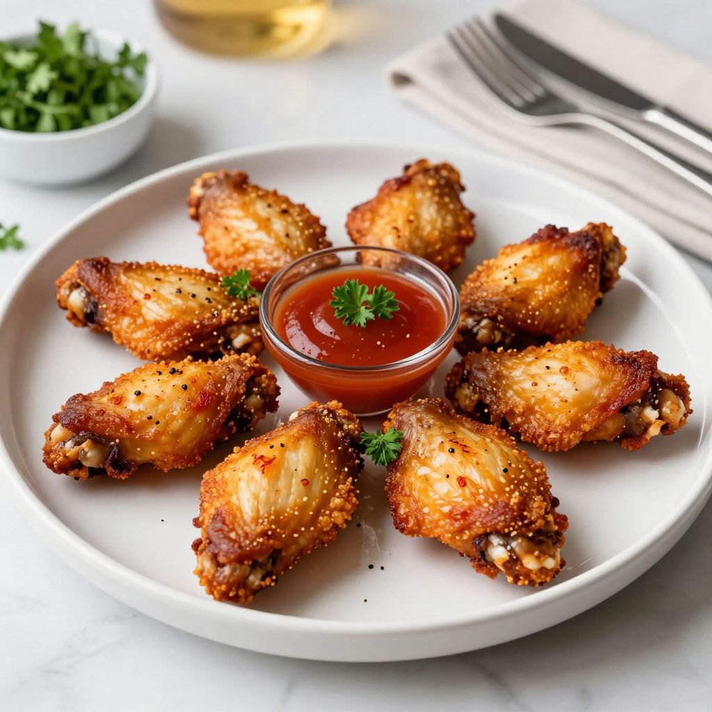 Serving of baked chicken wings with dipping sauce