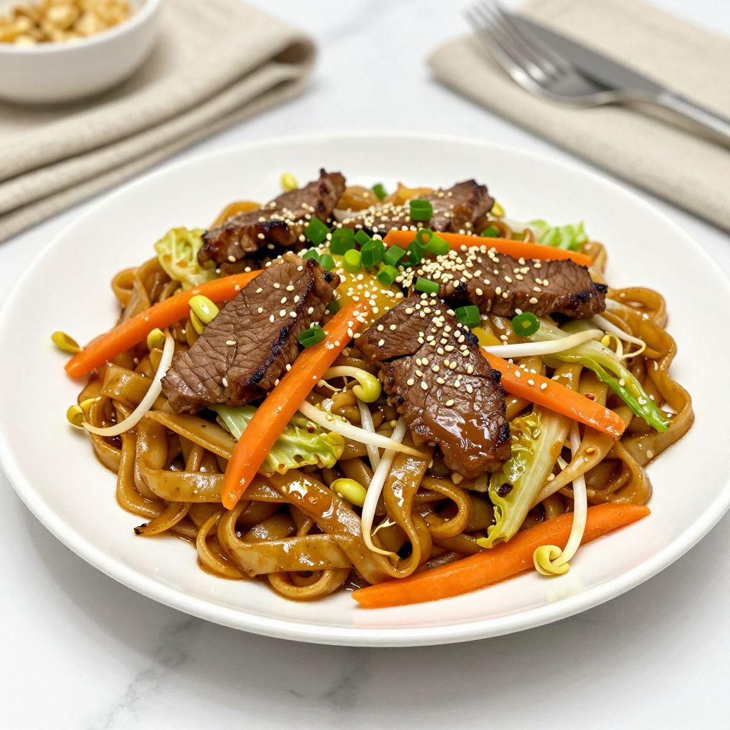 Plated beef lo mein