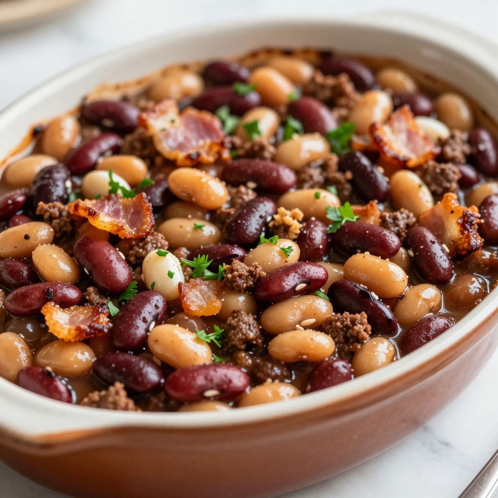 Calico beans in a baking dish