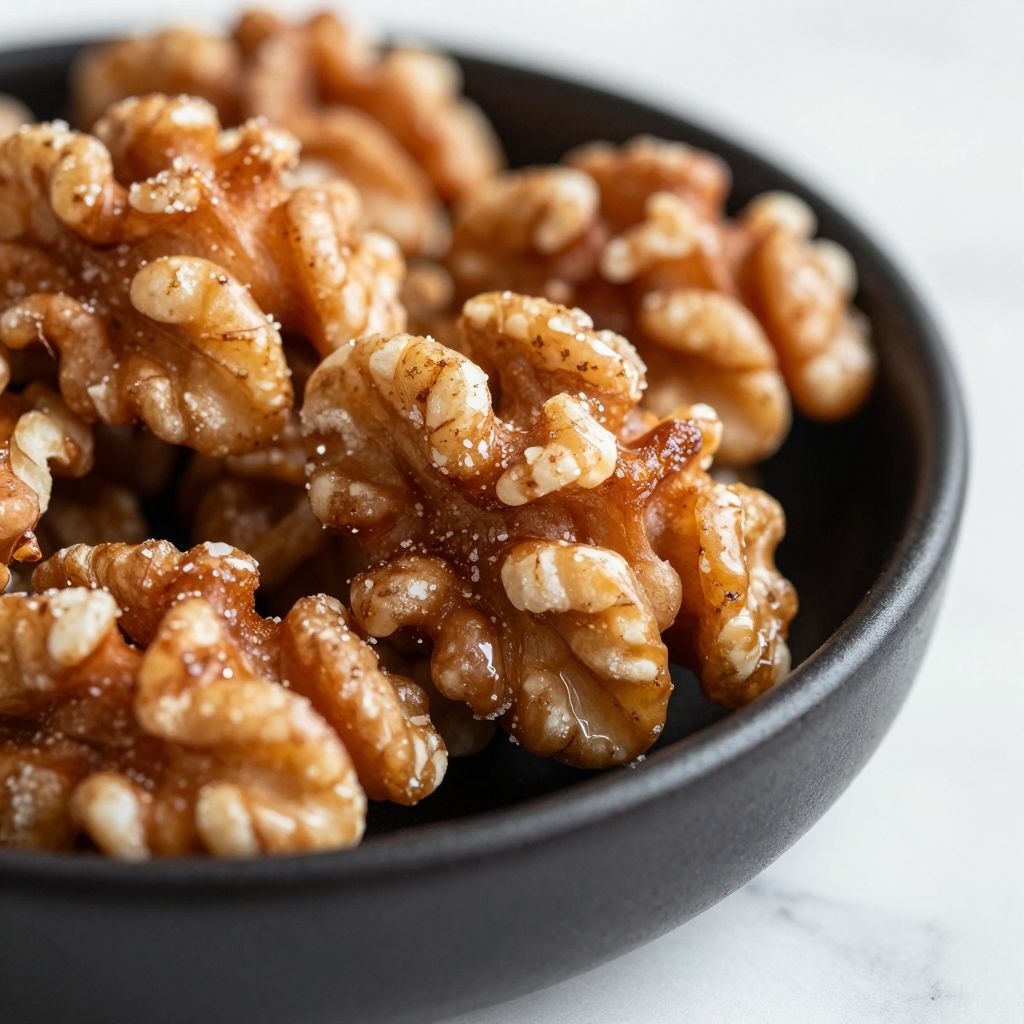 Candied walnuts in a pan and on parchment