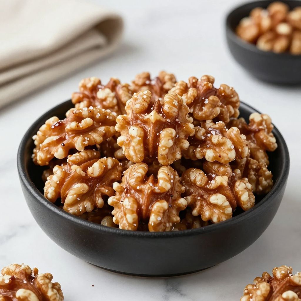 Finished candied walnuts close-up