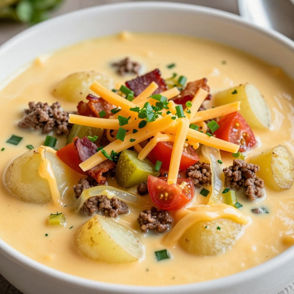 Cheeseburger soup served in a bowl