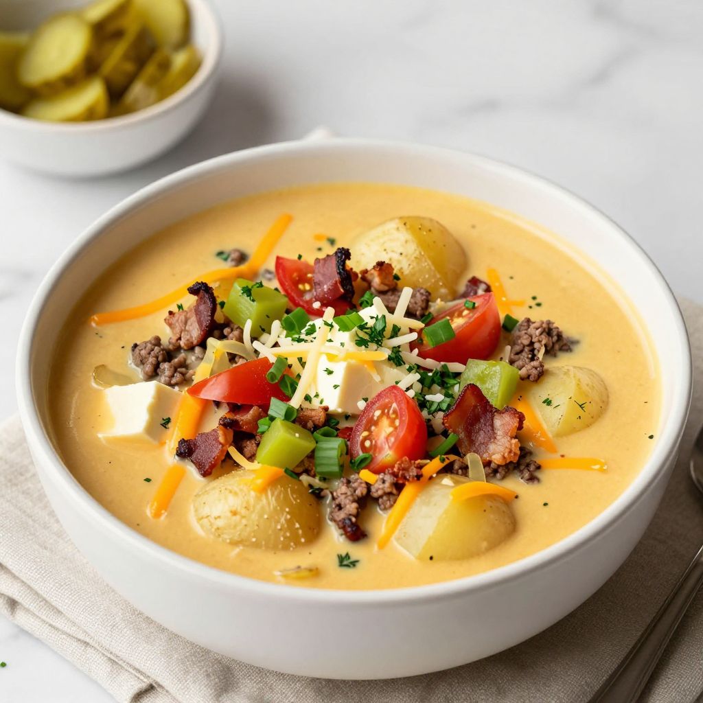 Pot of cheeseburger soup on the stove