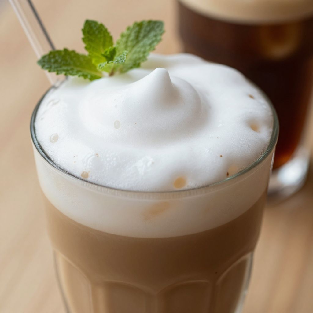 Cold foam being poured over iced coffee