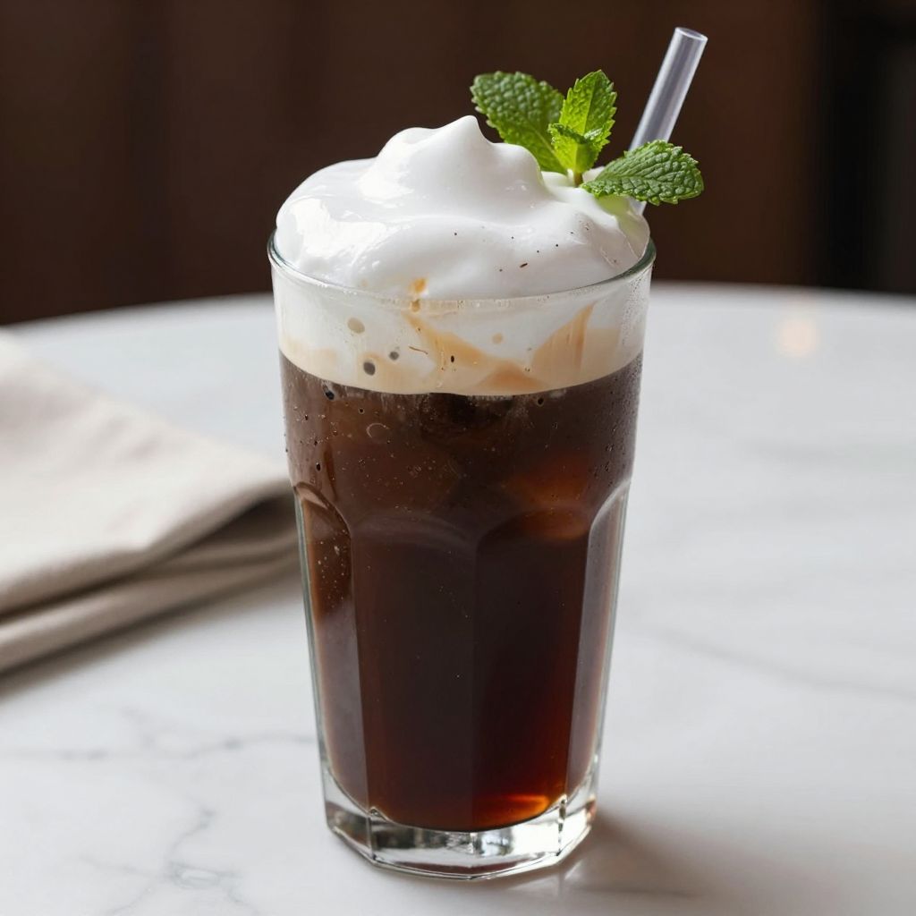 Glass of iced coffee topped with cold foam