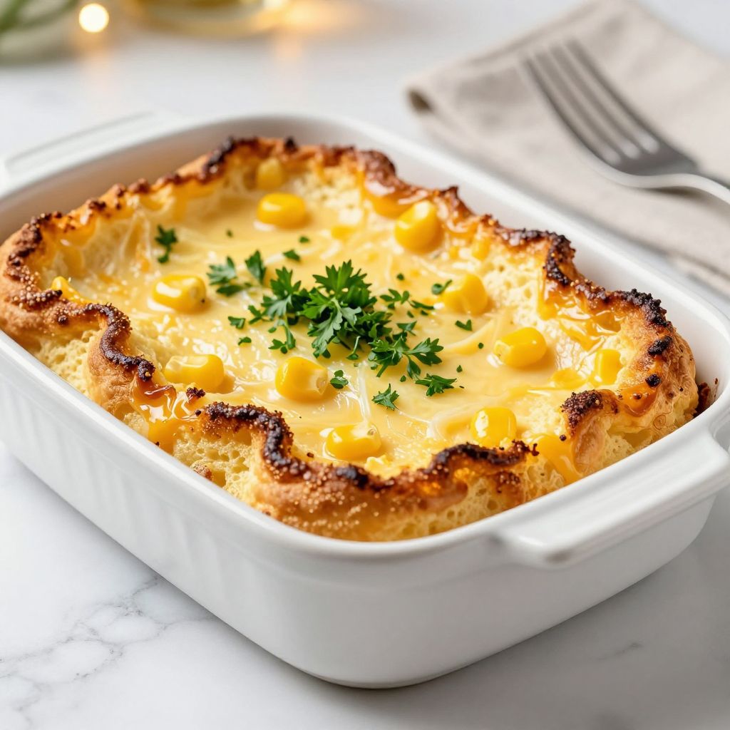 Baked corn souffle served