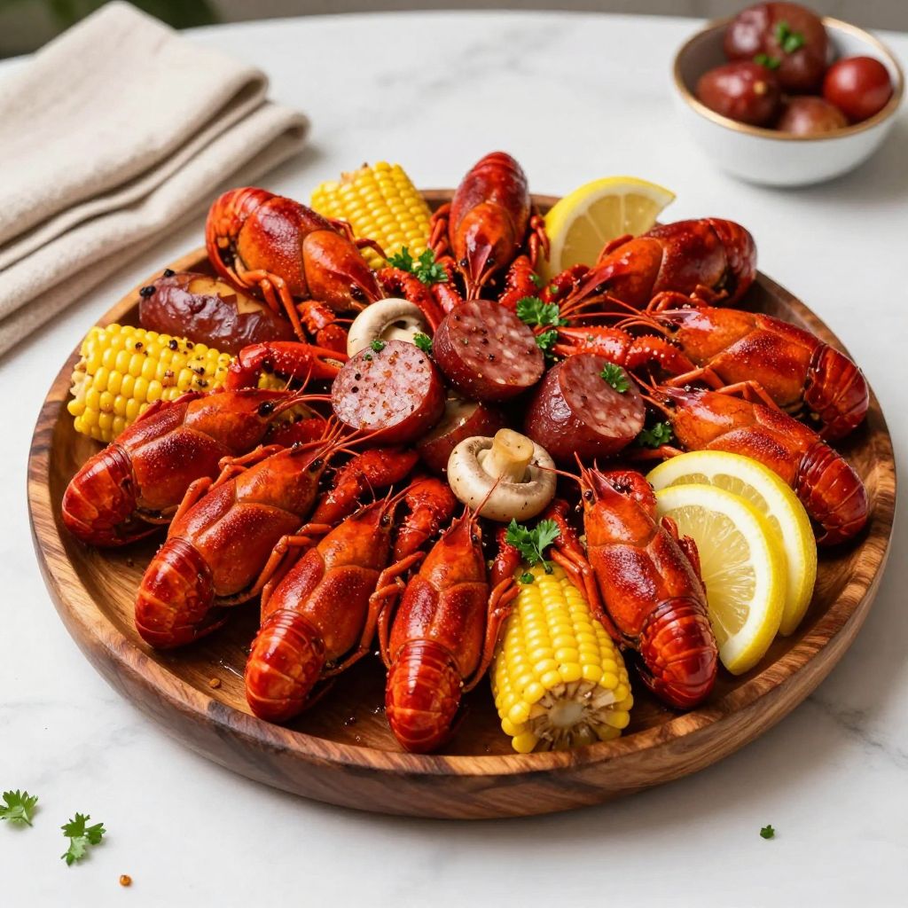 Served crawfish boil on newspaper