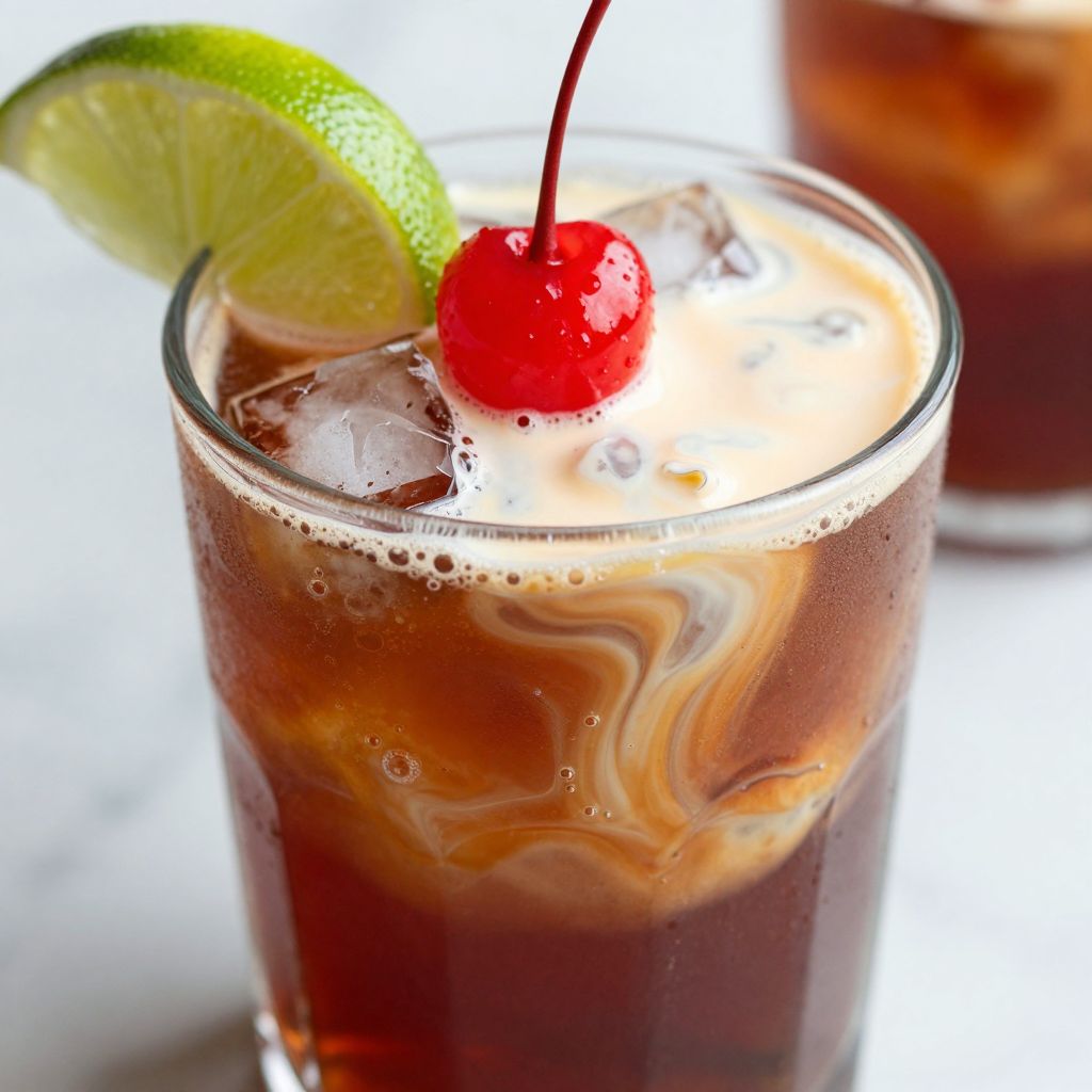 Dirty Dr Pepper in a glass with creamy swirls