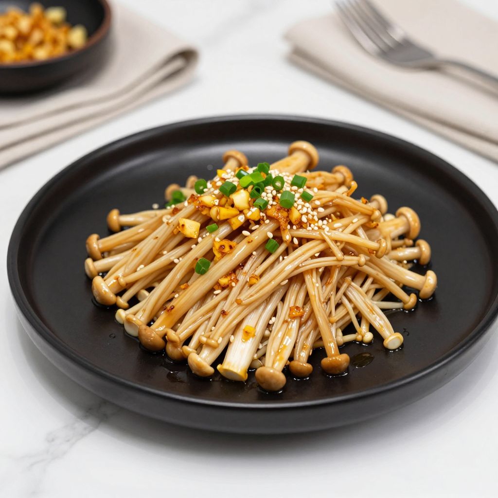 Crispy Garlic Enoki Mushrooms Plated