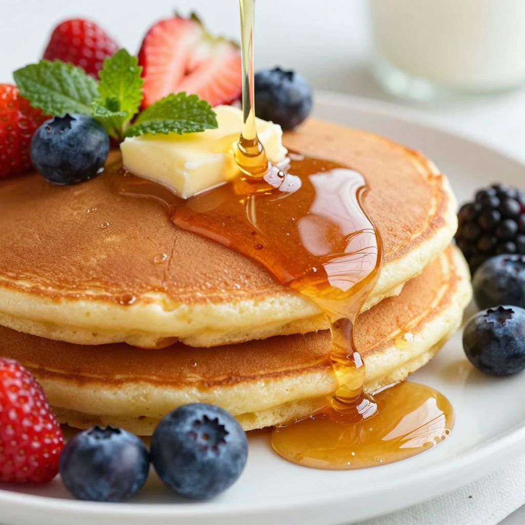 Pancakes cooking on griddle