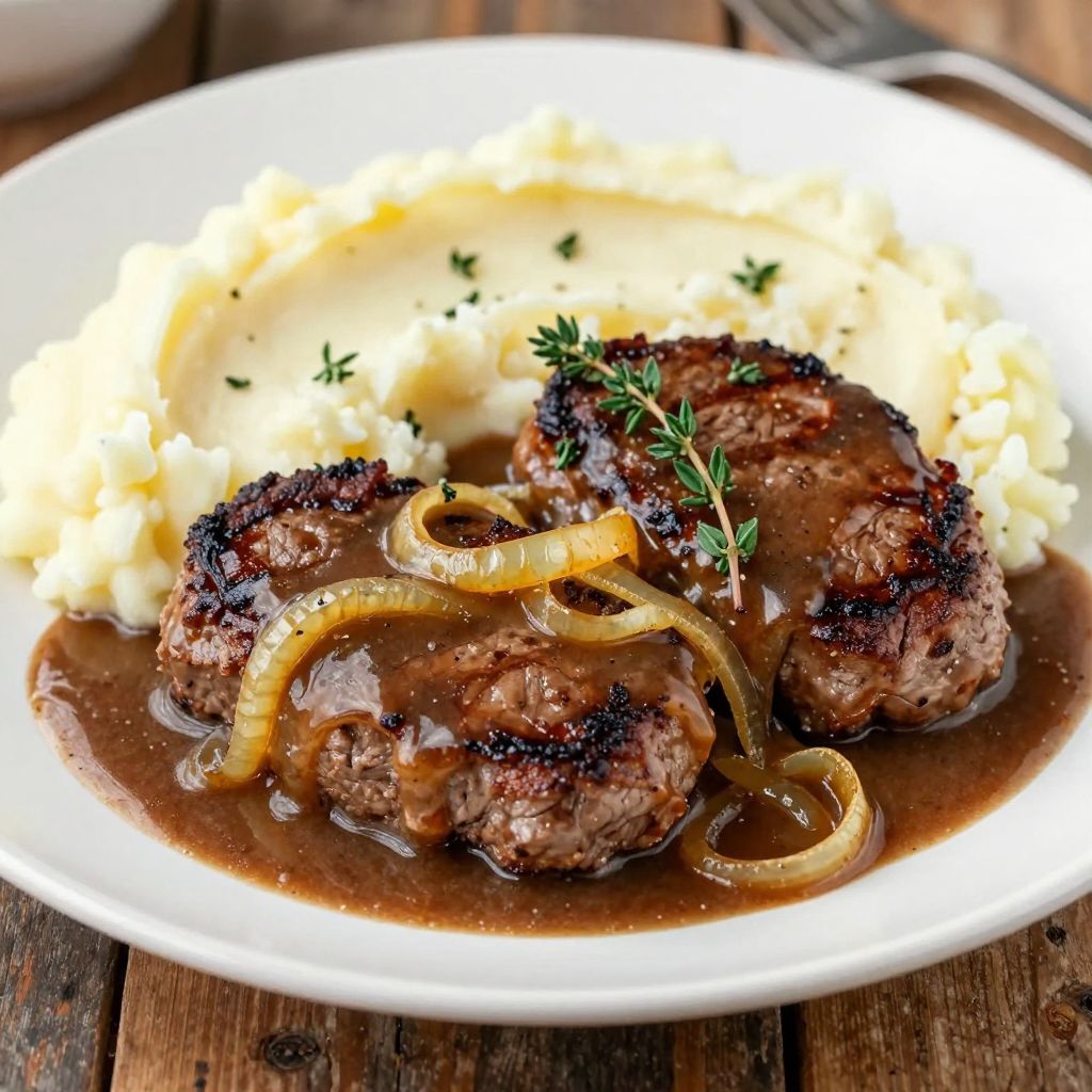 Hamburger steak in skillet with onion gravy