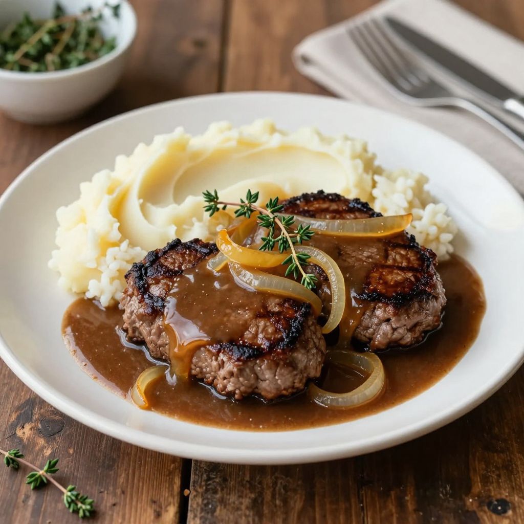Plated hamburger steak with mashed potatoes