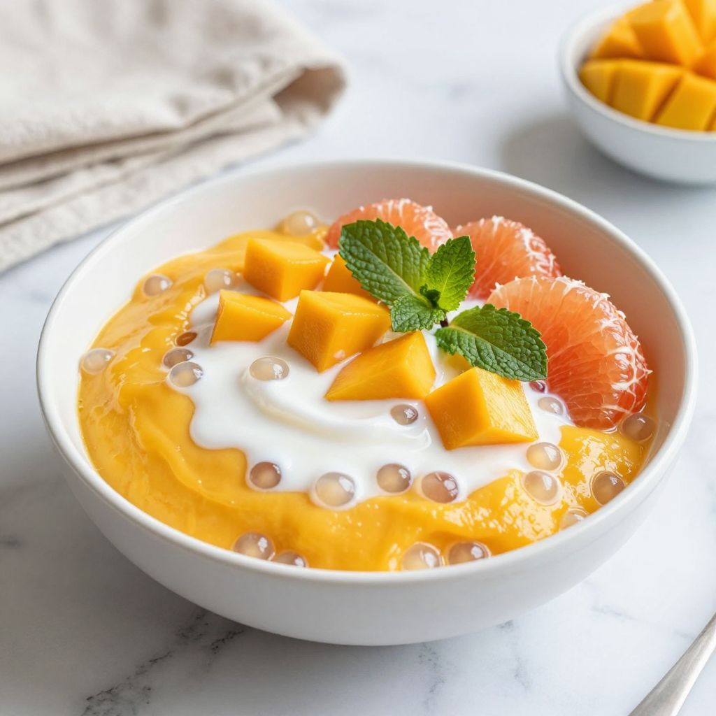 Mango sago served with diced mango topping