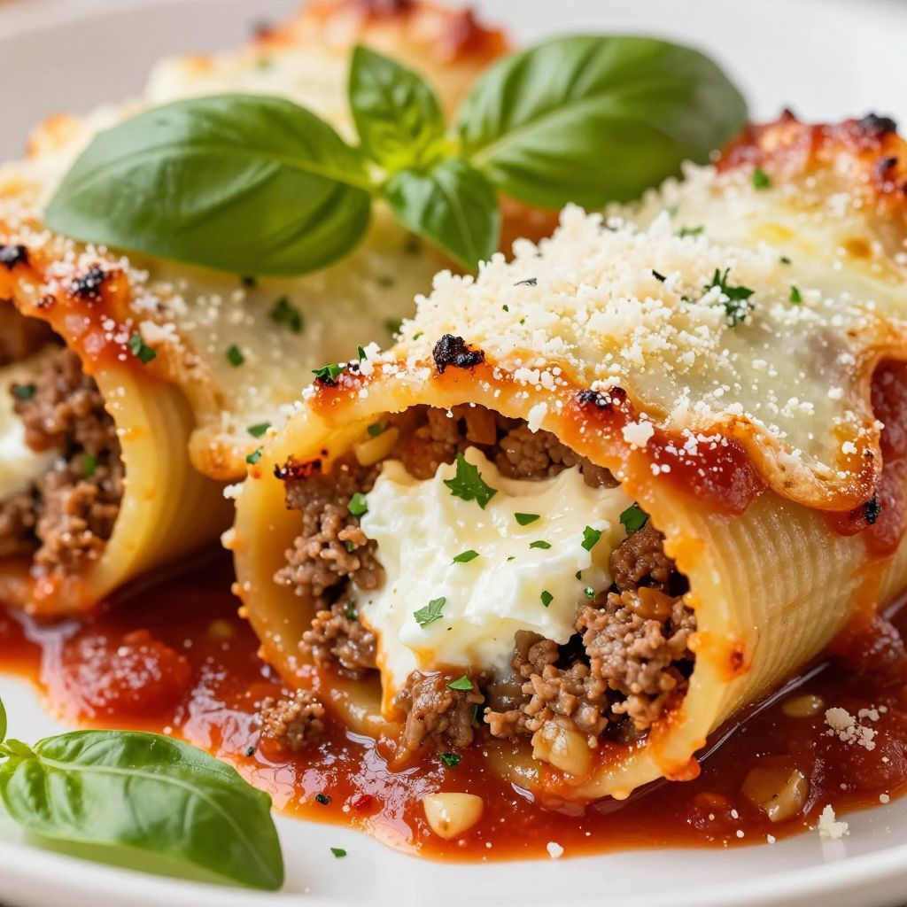 Meat stuffed manicotti in baking dish