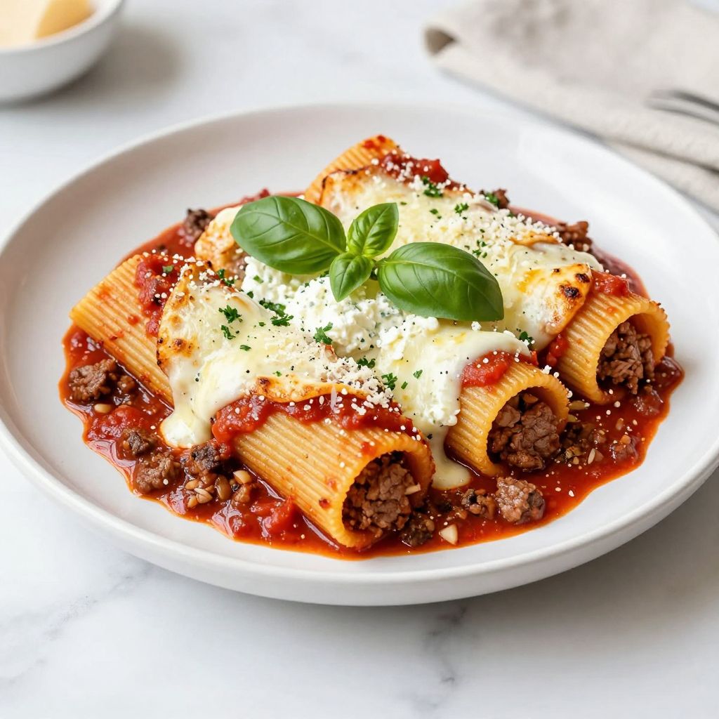 Plated meat stuffed manicotti