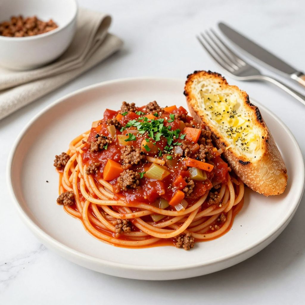 Plate of pasta topped with meat sauce