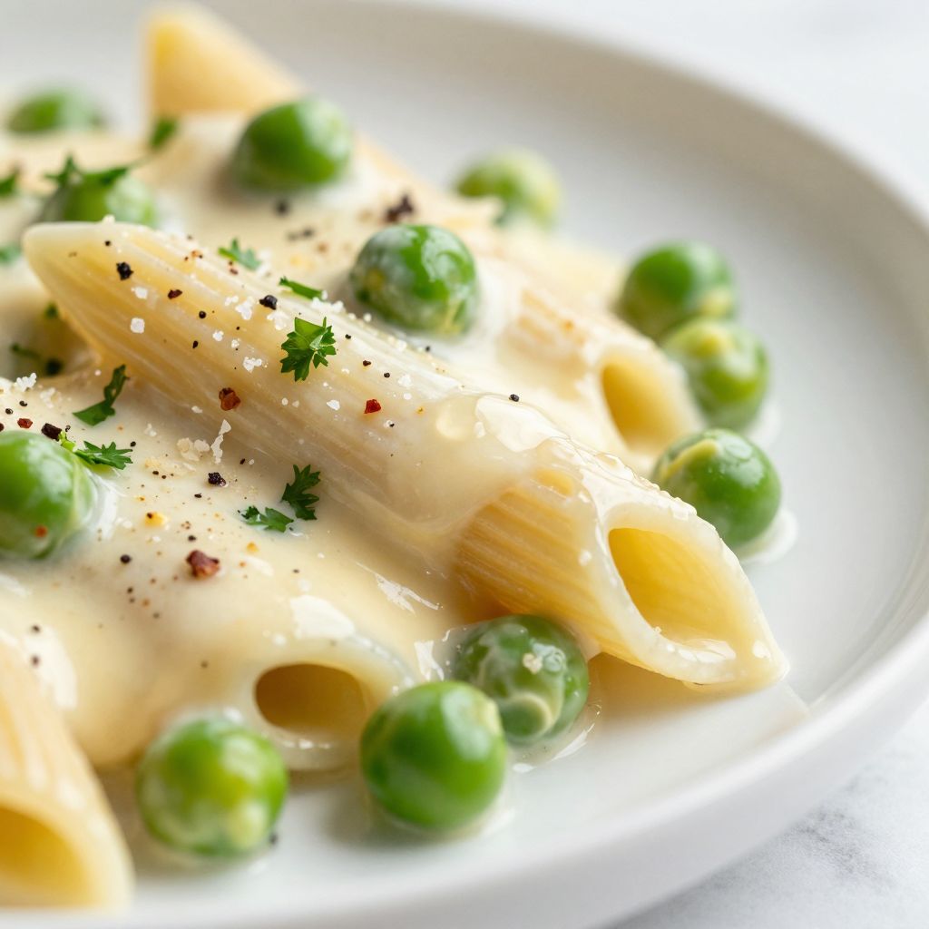 Fresh pasta and peas cooking in a skillet with garlic and butter