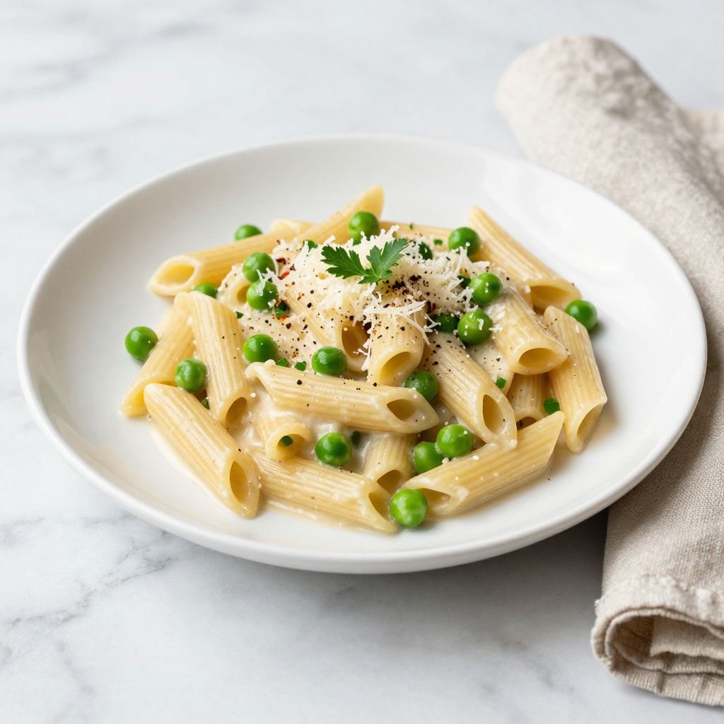 Plated pasta and peas garnished with Parmesan and fresh parsley