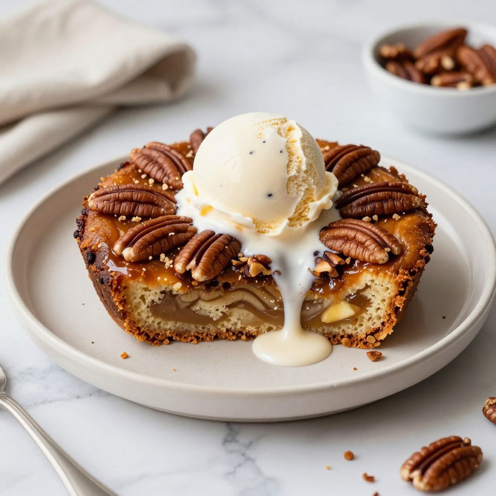 Serving of pecan pie dump cake with ice cream