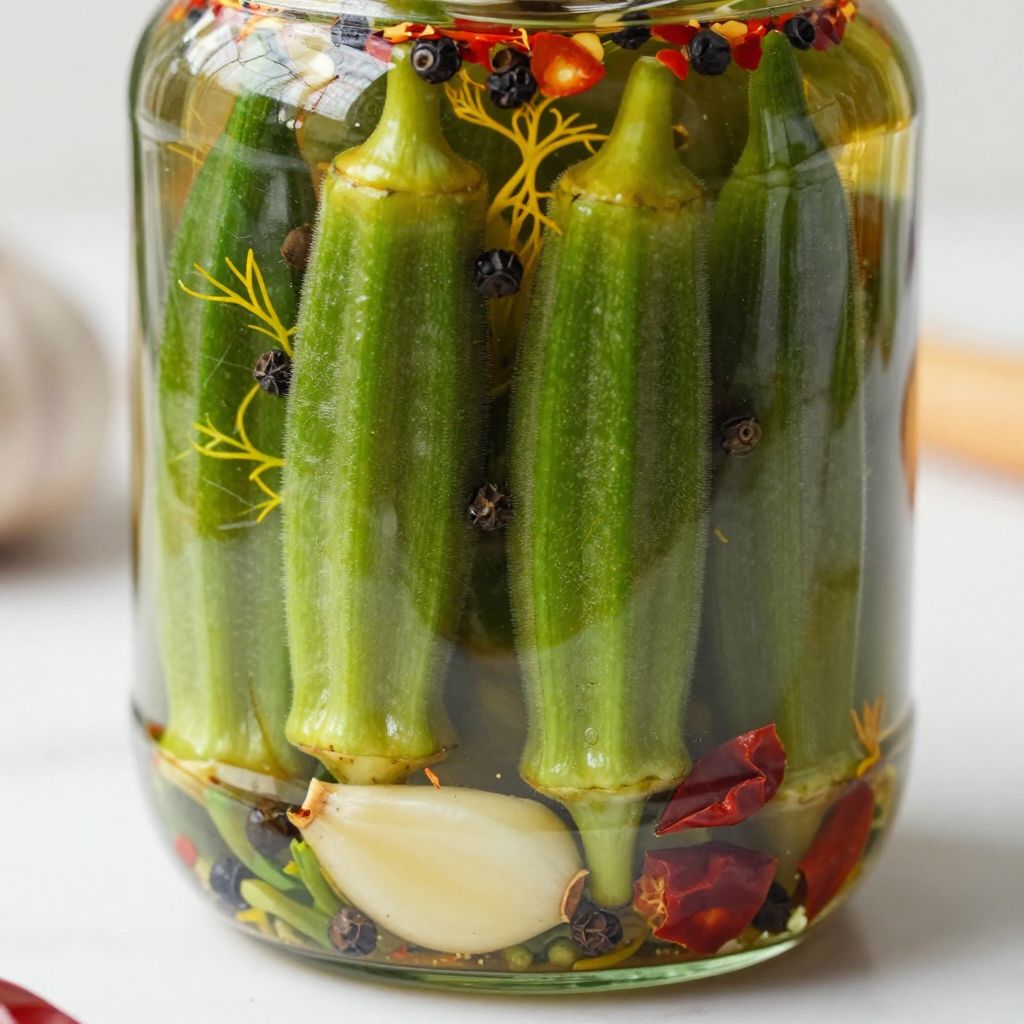 Pickled okra packed in jars