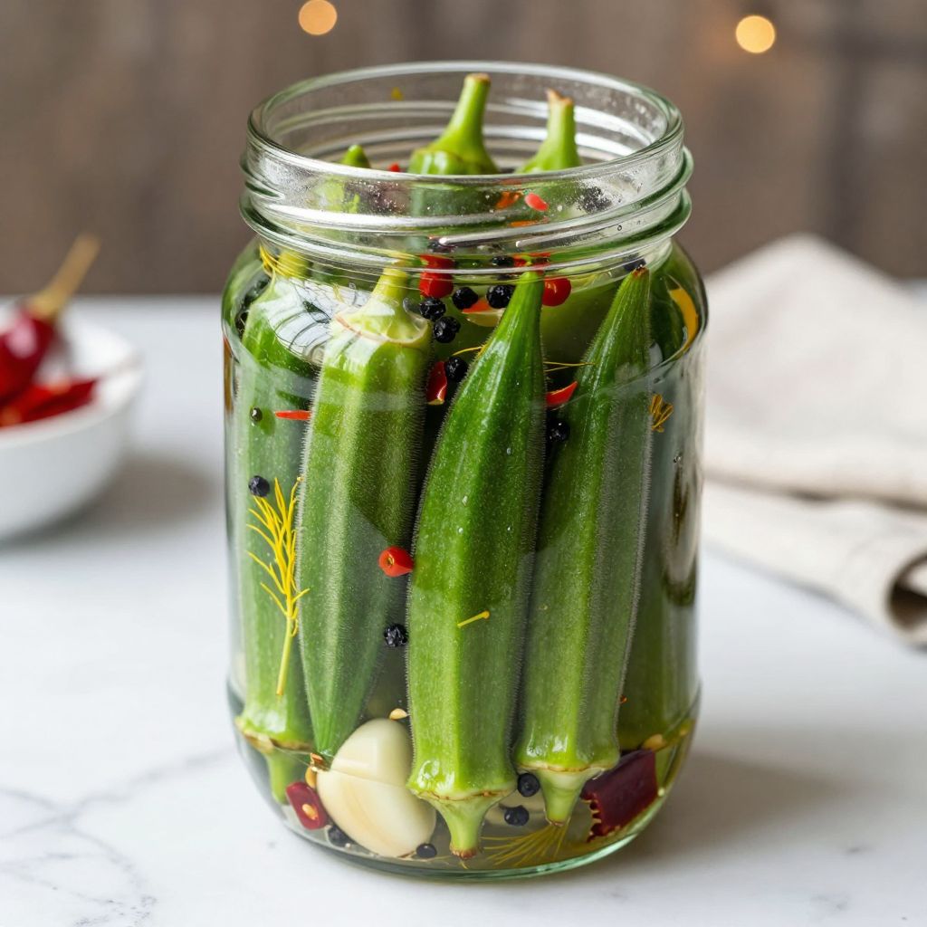 Jar of pickled okra ready to serve