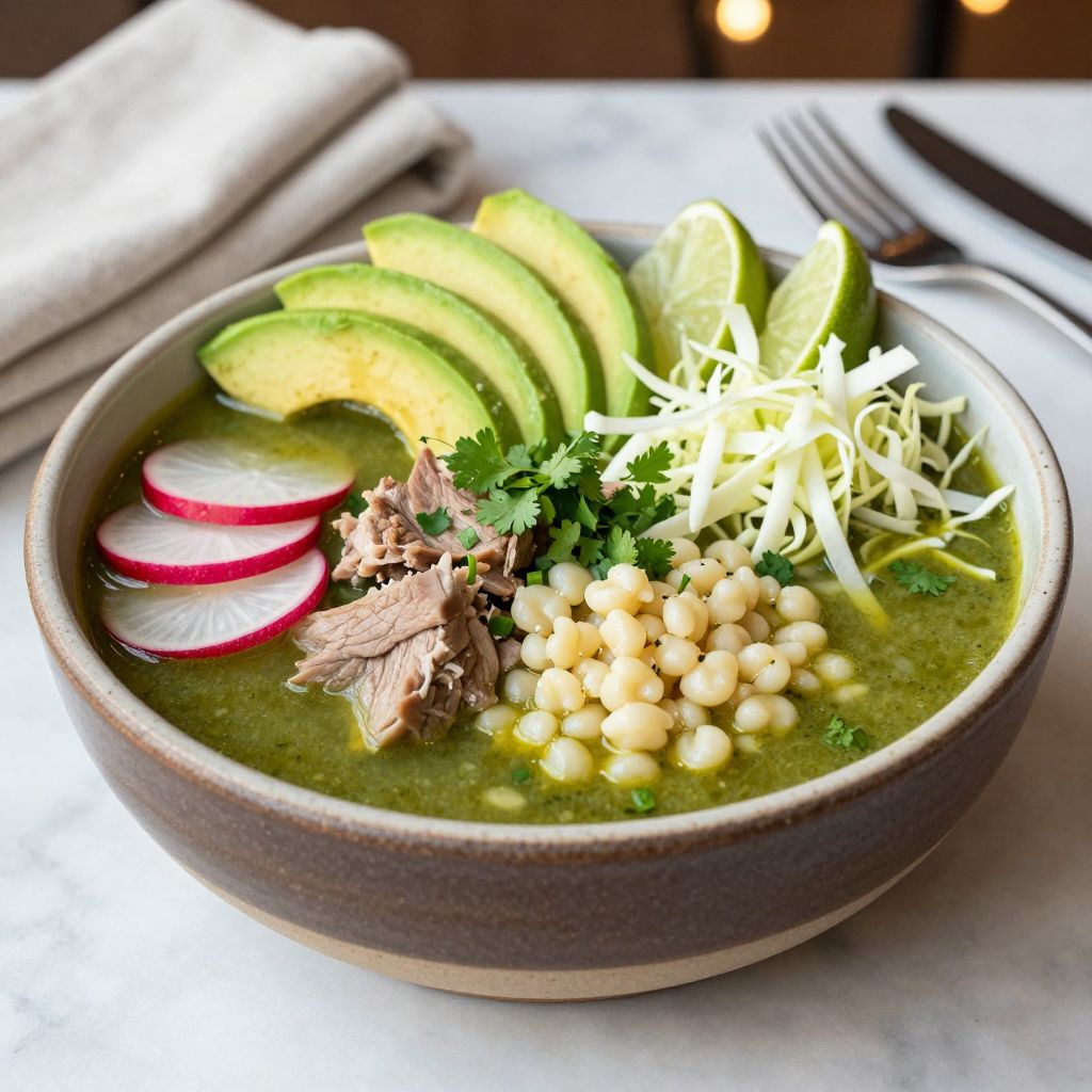 Bowl of pozole verde with toppings