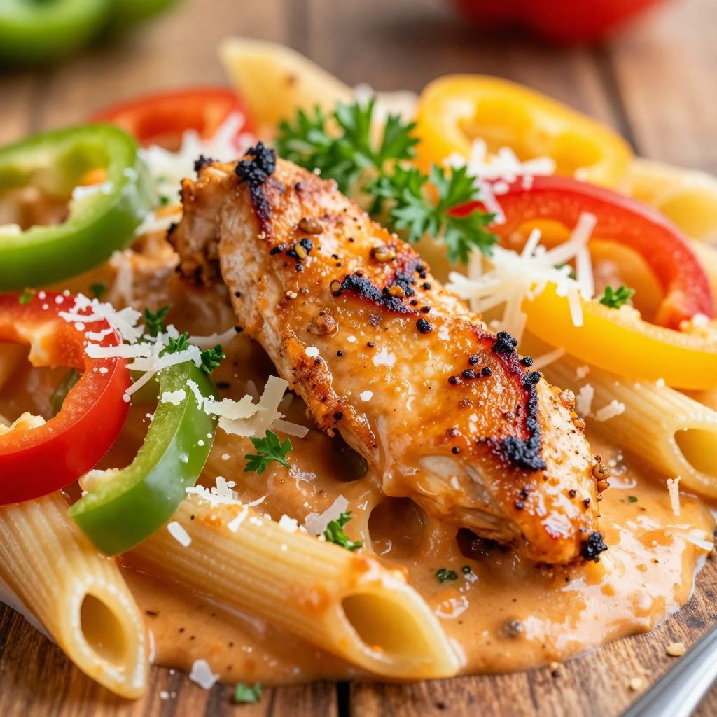 Rasta pasta in skillet with chicken and peppers