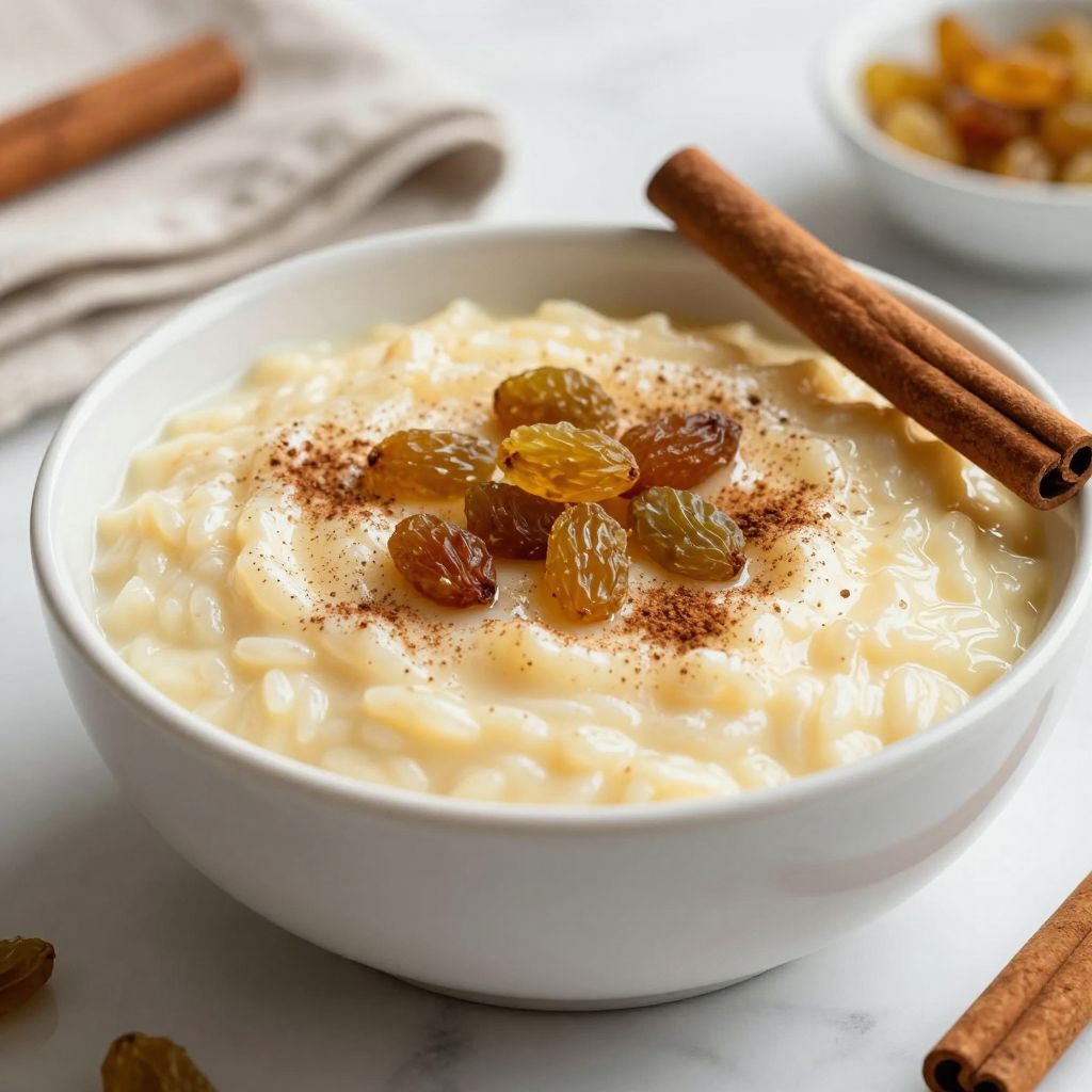 Serving of rice pudding with cinnamon