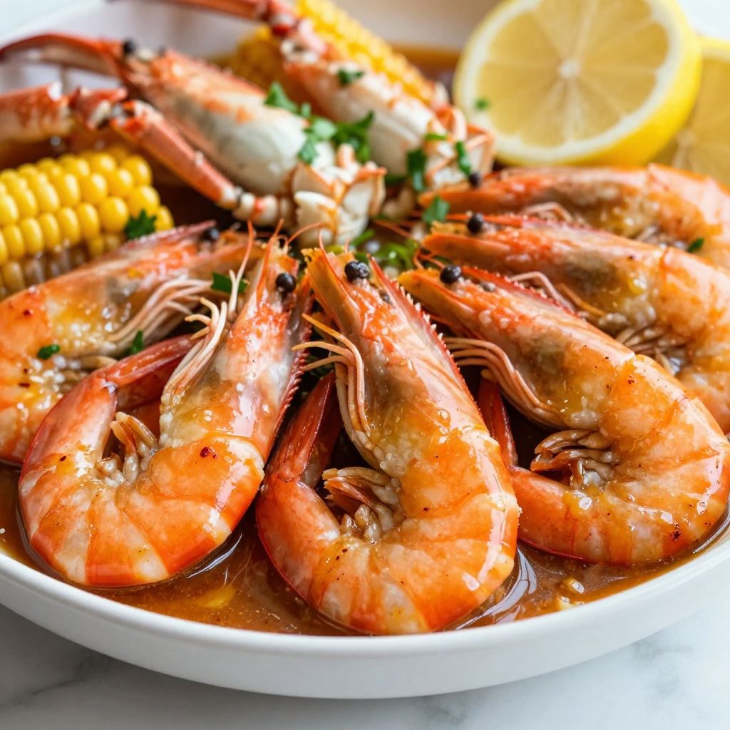 Seafood boil sauce coating shrimp and crab