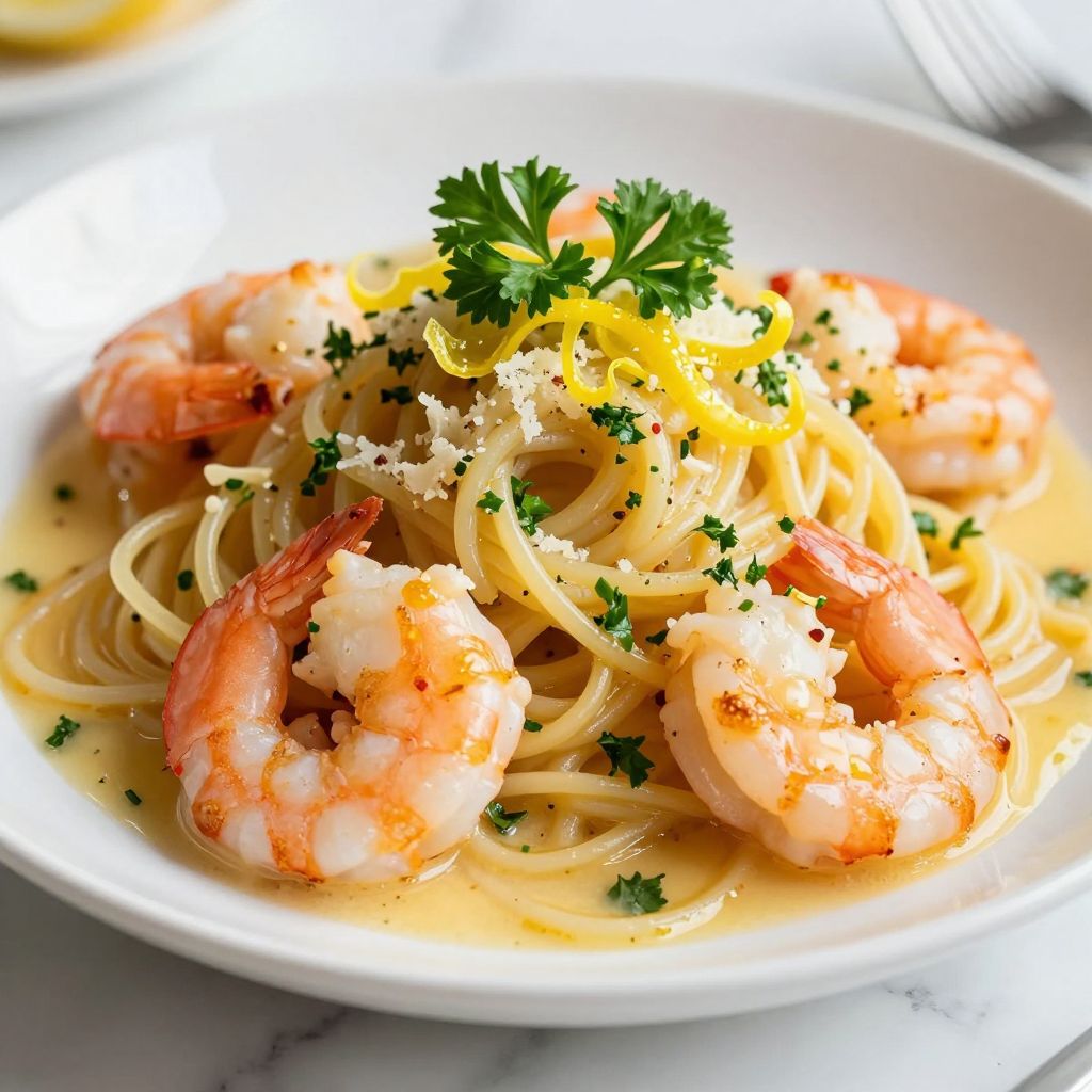 Shrimp scampi without wine served over pasta