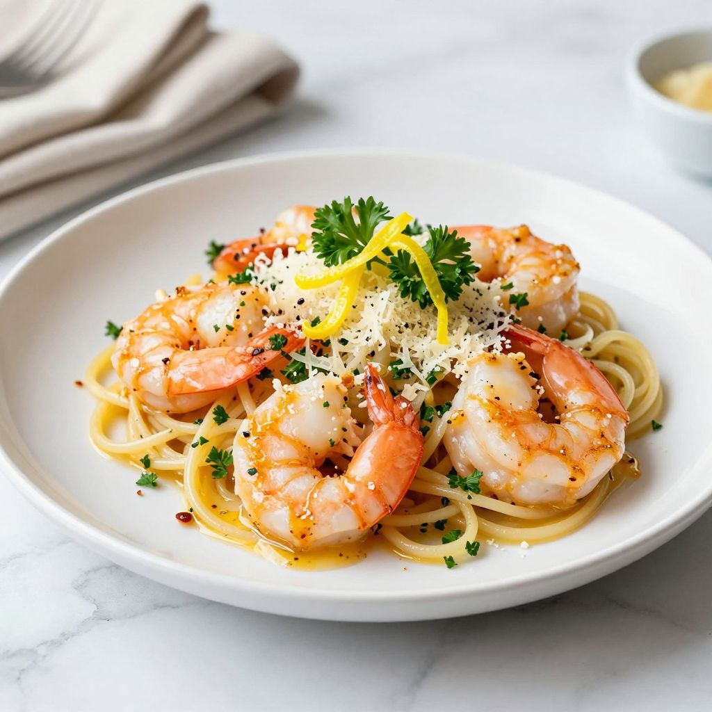 Plated shrimp scampi without wine