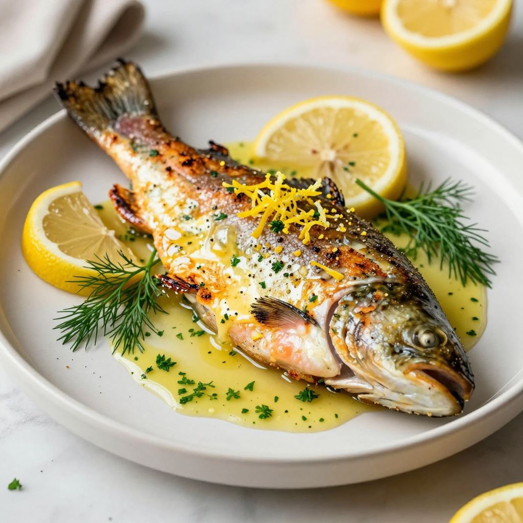 Baked steelhead trout served on platter