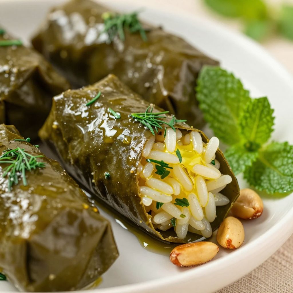 Rolled stuffed grape leaves in pot