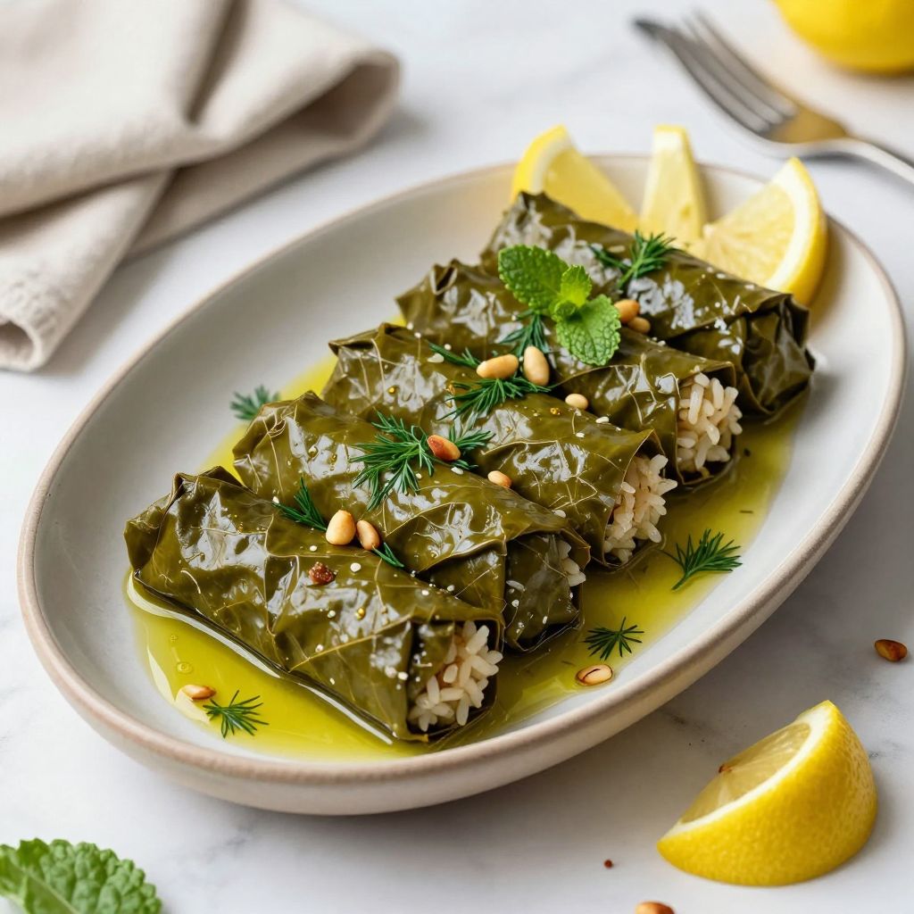 Stuffed grape leaves served with lemon wedges