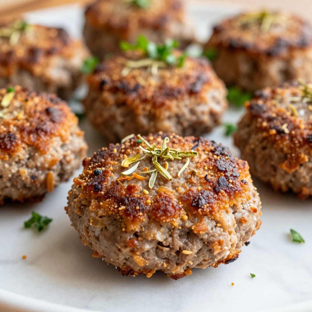 Turkey sausage patties cooking in a skillet