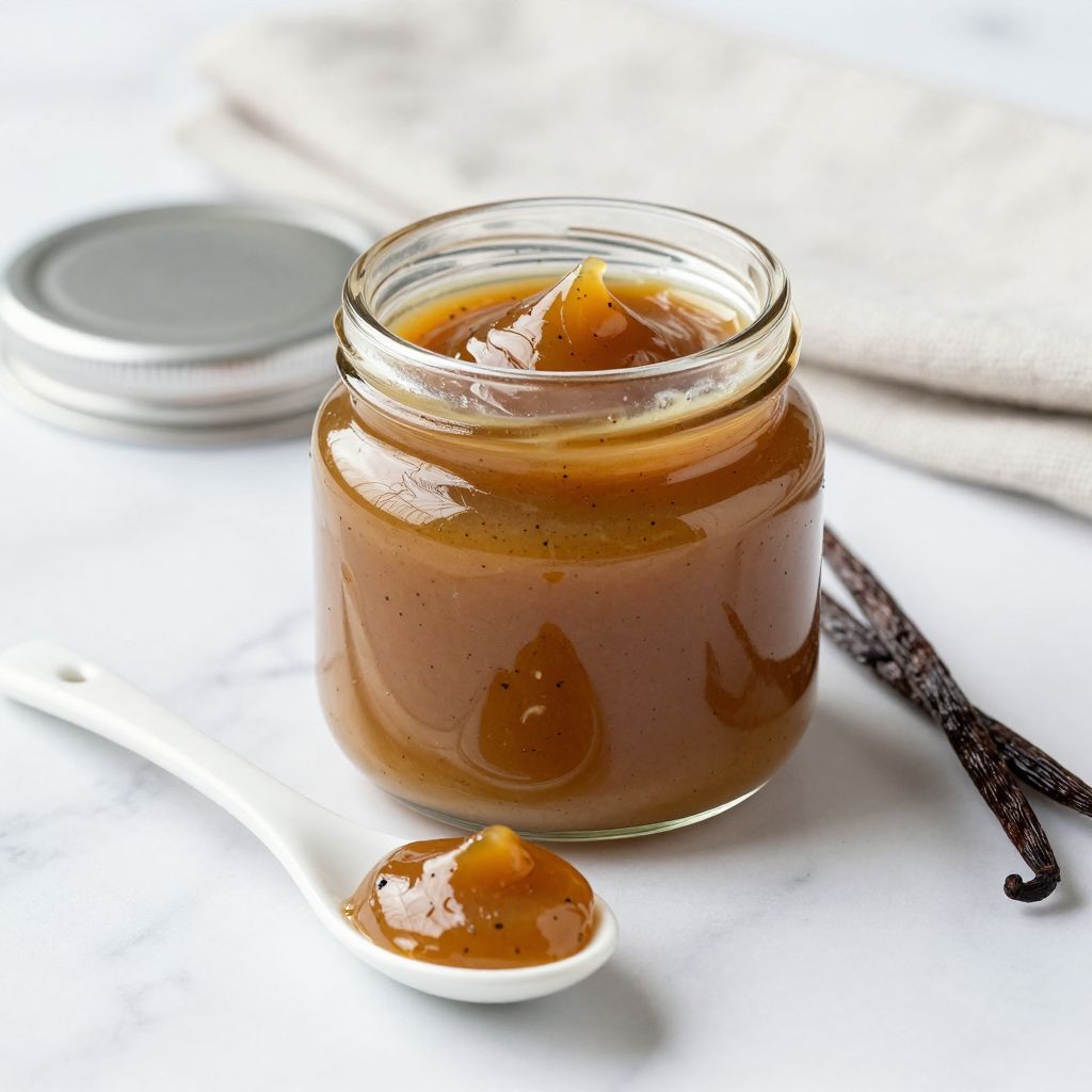 Vanilla bean paste scooped with spoon